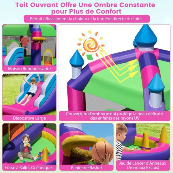 Château Gonflable 5 en 1 avec Toboggan et Toit Panier de Basket-ball Jeu de Lancer D'anneaux Piscine Kit de Réparation Multicolore (sans Souffleur)