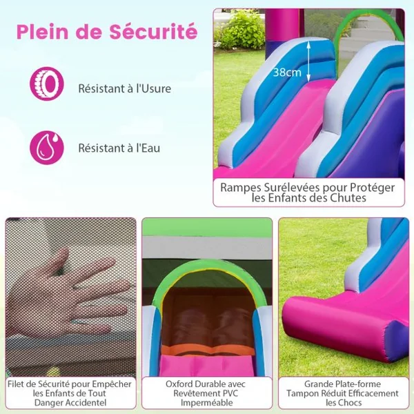 Château Gonflable 5 en 1 avec Toboggan et Toit Panier de Basket-ball Jeu de Lancer D'anneaux Piscine Kit de Réparation Multicolore (sans Souffleur)