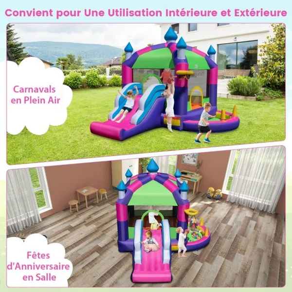 Château Gonflable 5 en 1 avec Toboggan et Toit Panier de Basket-ball Jeu de Lancer D'anneaux Piscine Kit de Réparation Multicolore (sans Souffleur)