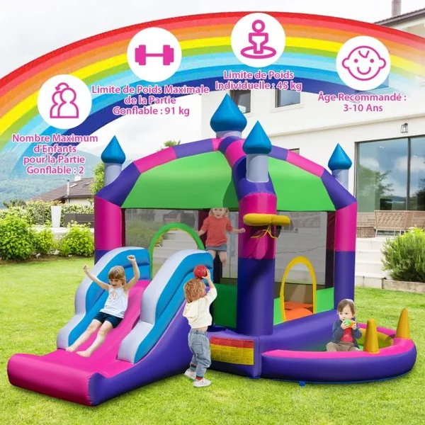 Château Gonflable 5 en 1 avec Toboggan et Toit Panier de Basket-ball Jeu de Lancer D'anneaux Piscine Kit de Réparation Multicolore (sans Souffleur)