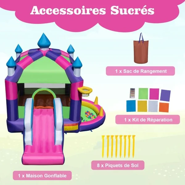 Château Gonflable 5 en 1 avec Toboggan et Toit Panier de Basket-ball Jeu de Lancer D'anneaux Piscine Kit de Réparation Multicolore (sans Souffleur)