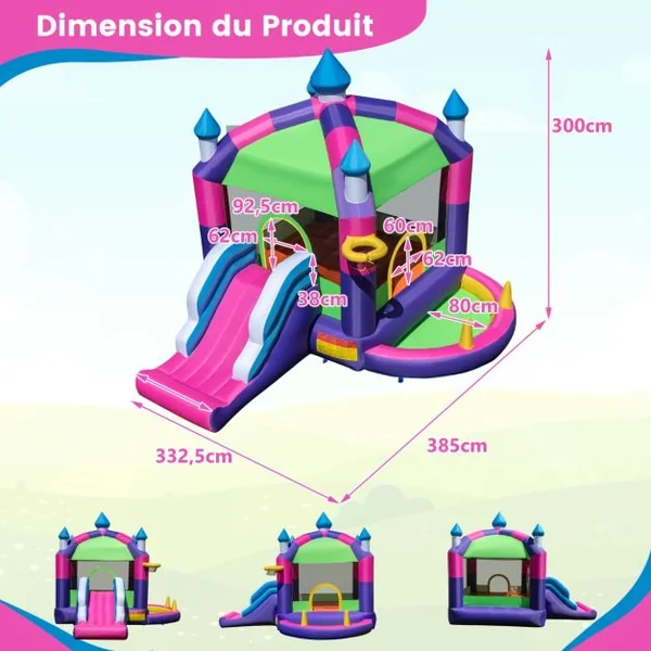 Château Gonflable 5 en 1 avec Toboggan et Toit Panier de Basket-ball Jeu de Lancer D'anneaux Piscine Kit de Réparation Multicolore (sans Souffleur)