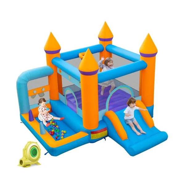 Château Gonflable 5 en 1 avec Ventilateur Toboggan Maison de Saut Gonflable avec Piscine à Balles Panier de Basketball 50 Balles Océaniques Charge 90kg