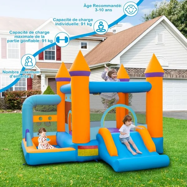 Château Gonflable 5 en 1 avec Ventilateur Toboggan Maison de Saut Gonflable avec Piscine à Balles Panier de Basketball 50 Balles Océaniques Charge 90kg