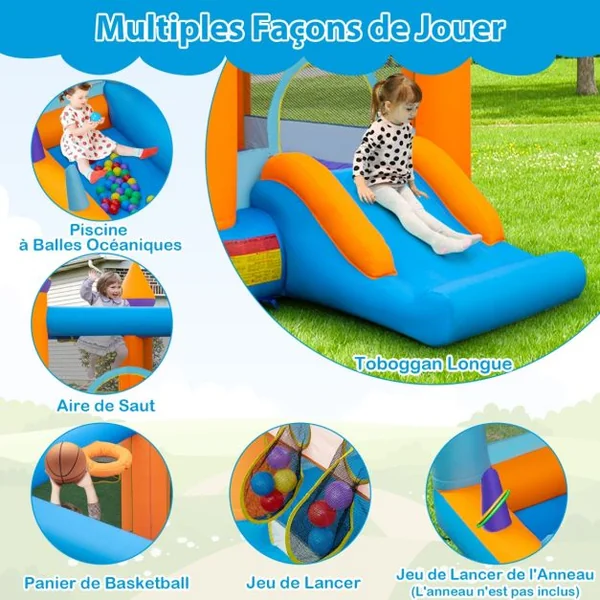 Château Gonflable 5 en 1 avec Ventilateur Toboggan Maison de Saut Gonflable avec Piscine à Balles Panier de Basketball 50 Balles Océaniques Charge 90kg