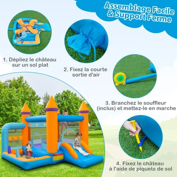 Château Gonflable 5 en 1 avec Ventilateur Toboggan Maison de Saut Gonflable avec Piscine à Balles Panier de Basketball 50 Balles Océaniques Charge 90kg
