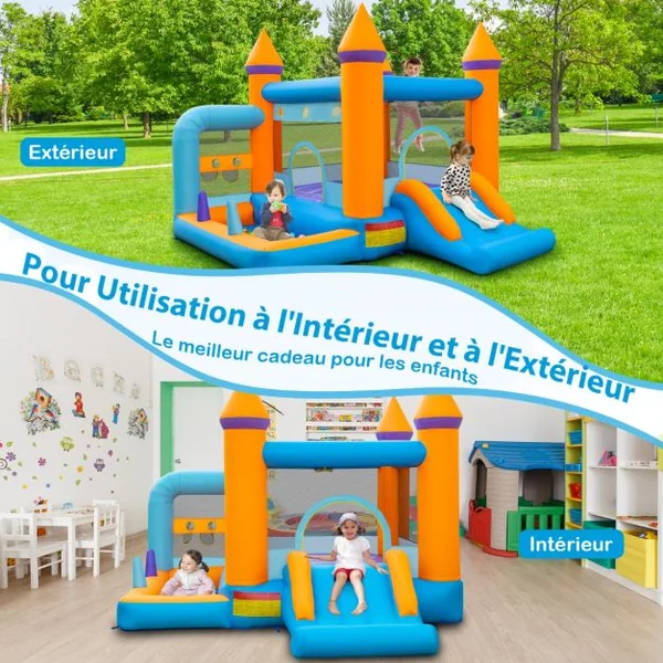 Château Gonflable 5 en 1 avec Ventilateur Toboggan Maison de Saut Gonflable avec Piscine à Balles Panier de Basketball 50 Balles Océaniques Charge 90kg
