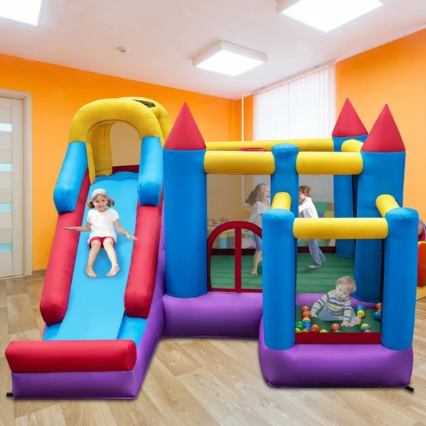 Château Gonflable 5-en-1 Toboggan Trampoline Piscine à Balles Mur d'Escalade Panier de Basket-ball Grande Maison de Saut Gonflable pour Jardin (sans Souffleur)