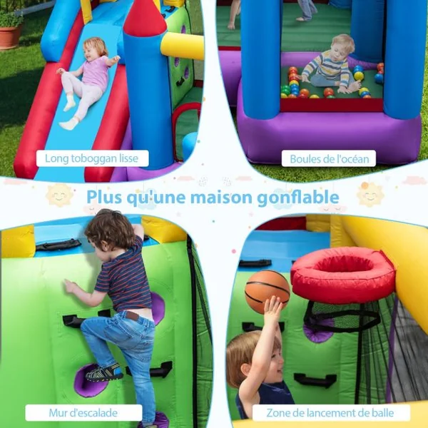 Château Gonflable 5-en-1 Toboggan Trampoline Piscine à Balles Mur d'Escalade Panier de Basket-ball Grande Maison de Saut Gonflable pour Jardin (sans Souffleur)
