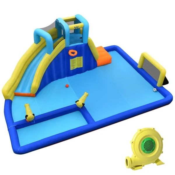 Château Gonflable 6 en 1 avec Escalade Toboggan à Jet d'Eau Grande Piscine Cadre de Football/Basket-ball avec Souffleur
