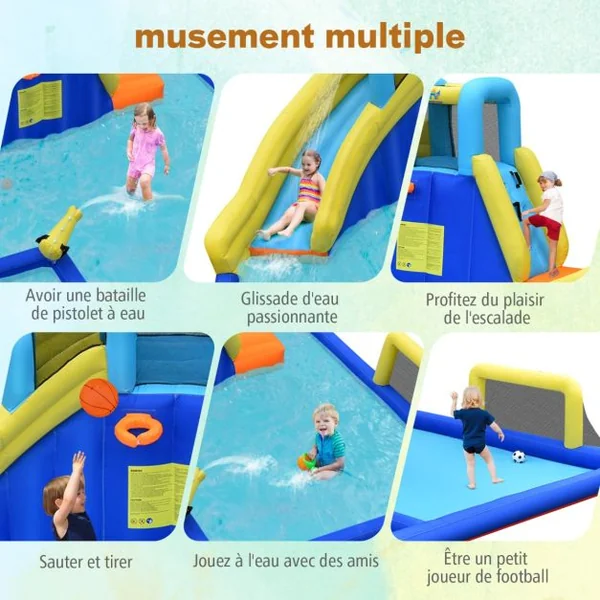 Château Gonflable 6 en 1 avec Escalade Toboggan à Jet d'Eau Grande Piscine Cadre de Football/Basket-ball avec Souffleur