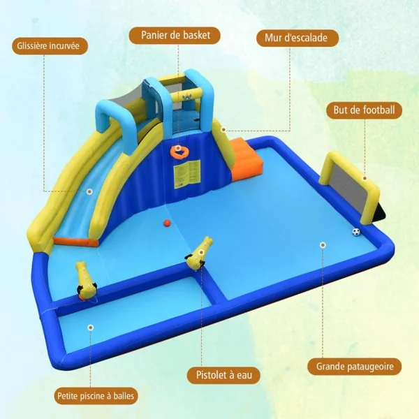 Château Gonflable 6 en 1 avec Escalade Toboggan à Jet d'Eau Grande Piscine Cadre de Football/Basket-ball avec Souffleur