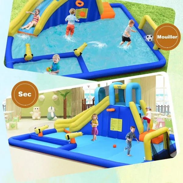 Château Gonflable 6 en 1 avec Escalade Toboggan à Jet d'Eau Grande Piscine Cadre de Football/Basket-ball avec Souffleur