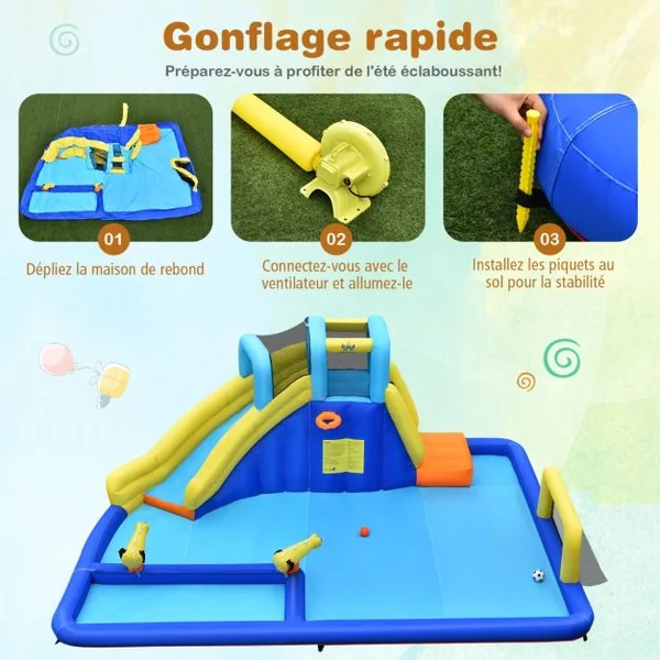 Château Gonflable 6 en 1 avec Escalade Toboggan à Jet d'Eau Grande Piscine Cadre de Football/Basket-ball avec Souffleur