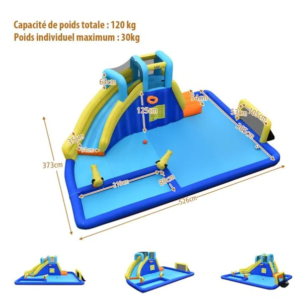 Château Gonflable 6 en 1 avec Escalade Toboggan à Jet d'Eau Grande Piscine Cadre de Football/Basket-ball avec Souffleur
