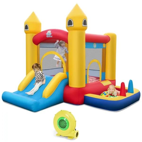 Château Gonflable 6 en 1 Enfants avec Souffleur 480W Maison de Saut Gonflable en Tissu Oxford avec Piscine à Balles Panier de Basket Toboggan 50 Balles pour Jardin 3 Ans+
