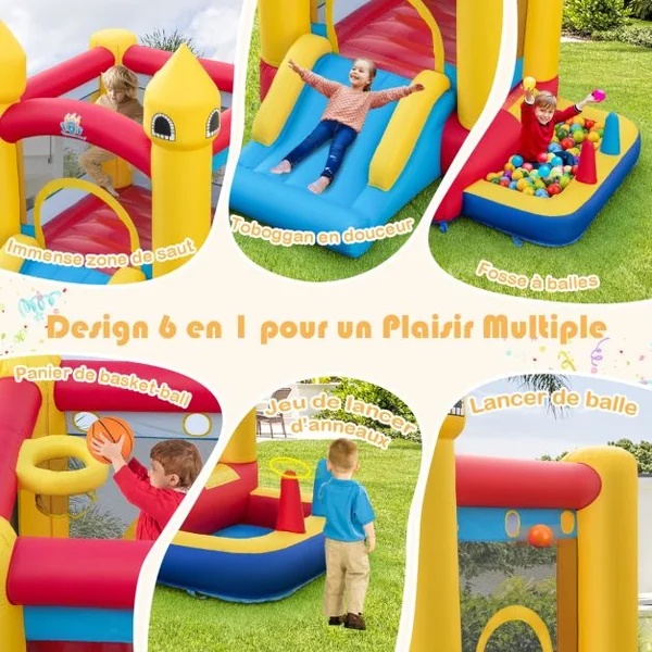 Château Gonflable 6 en 1 Enfants avec Souffleur 480W Maison de Saut Gonflable en Tissu Oxford avec Piscine à Balles Panier de Basket Toboggan 50 Balles pour Jardin 3 Ans+