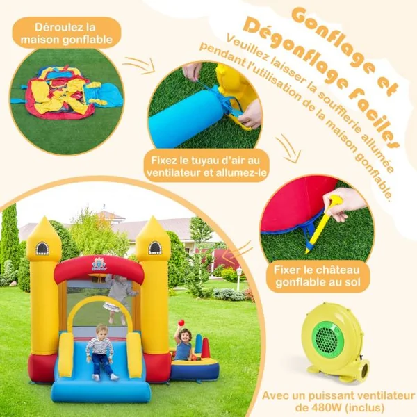 Château Gonflable 6 en 1 Enfants avec Souffleur 480W Maison de Saut Gonflable en Tissu Oxford avec Piscine à Balles Panier de Basket Toboggan 50 Balles pour Jardin 3 Ans+