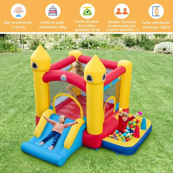 Château Gonflable 6 en 1 Enfants avec Souffleur 480W Maison de Saut Gonflable en Tissu Oxford avec Piscine à Balles Panier de Basket Toboggan 50 Balles pour Jardin 3 Ans+