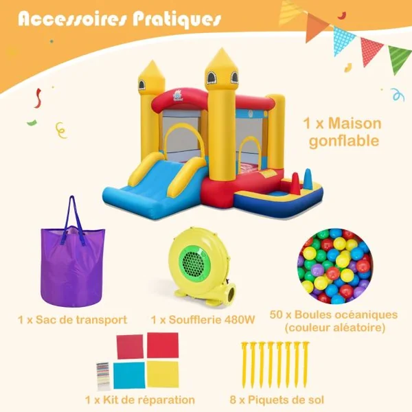 Château Gonflable 6 en 1 Enfants avec Souffleur 480W Maison de Saut Gonflable en Tissu Oxford avec Piscine à Balles Panier de Basket Toboggan 50 Balles pour Jardin 3 Ans+