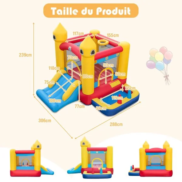Château Gonflable 6 en 1 Enfants avec Souffleur 480W Maison de Saut Gonflable en Tissu Oxford avec Piscine à Balles Panier de Basket Toboggan 50 Balles pour Jardin 3 Ans+