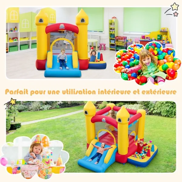 Château Gonflable 6 en 1 Enfants avec Souffleur 480W Maison de Saut Gonflable en Tissu Oxford avec Piscine à Balles Panier de Basket Toboggan 50 Balles pour Jardin 3 Ans+