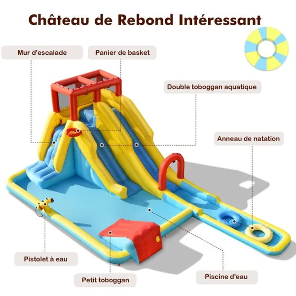 Château Gonflable 7 en 1 avec Double Toboggan Aquatique Maison de Rebond Gonflable avec Mur d’Escalade Pistolet à Eau Ventilateur non inclus