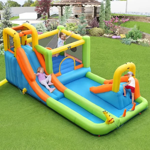 Château Gonflable 8 en 1 avec 2 Toboggans Parc Aquatique avec Maison de Saut Charge 135kg pour 3 Enfants de 3-10 Ans