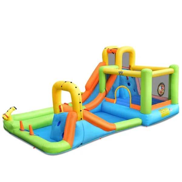 Château Gonflable 8 en 1 avec 2 Toboggans Parc Aquatique avec Maison de Saut Charge 135kg pour 3 Enfants de 3-10 Ans