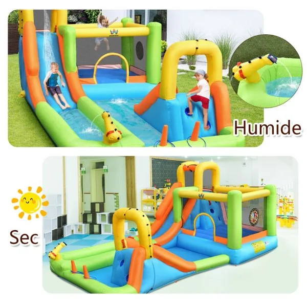 Château Gonflable 8 en 1 avec 2 Toboggans Parc Aquatique avec Maison de Saut Charge 135kg pour 3 Enfants de 3-10 Ans