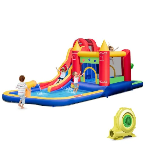 Château Gonflable 9 en 1 pour Enfants avec Toboggan Aquatique Canon à Eau et Piscine à Éclaboussures pour L’extérieur pour Le Jardin (avec Souffleur) Multicolore
