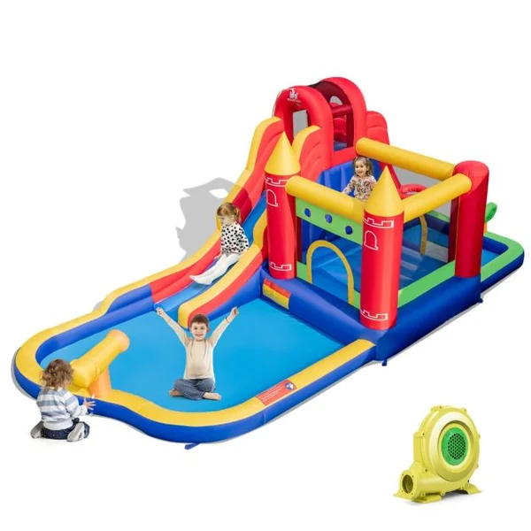 Château Gonflable 9 en 1 pour Enfants avec Toboggan Aquatique Canon à Eau et Piscine à Éclaboussures pour L’extérieur pour Le Jardin (avec Souffleur) Multicolore