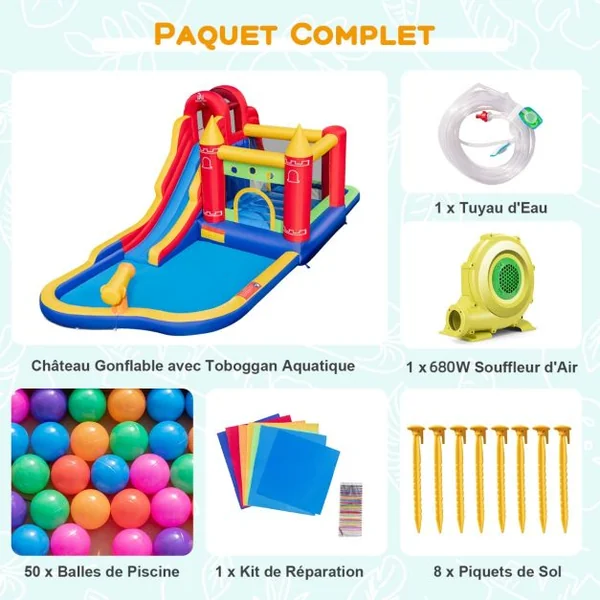 Château Gonflable 9 en 1 pour Enfants avec Toboggan Aquatique Canon à Eau et Piscine à Éclaboussures pour L’extérieur pour Le Jardin (avec Souffleur) Multicolore