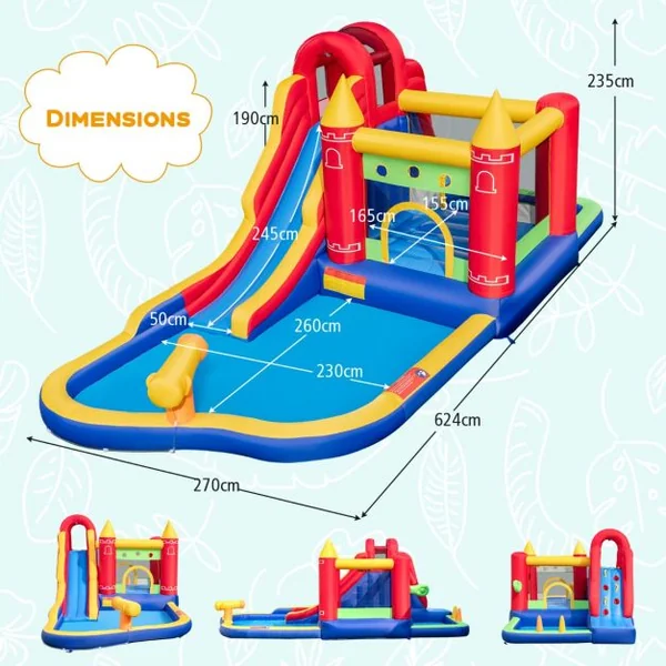 Château Gonflable 9 en 1 pour Enfants avec Toboggan Aquatique Canon à Eau et Piscine à Éclaboussures pour L’extérieur pour Le Jardin (avec Souffleur) Multicolore