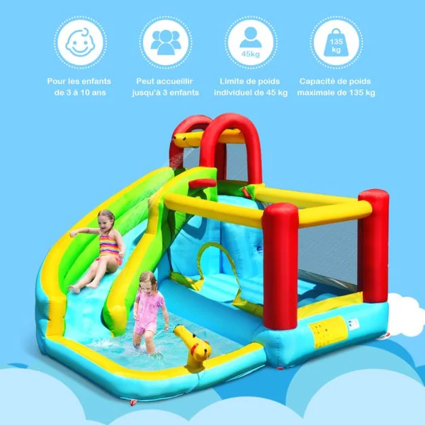 Château Gonflable Aquatique 6 en 1 avec Toboggan Incurvé Maison de Rebond avec Mur d'Escalade Panier de Basketball Charge 135kg pour 3-10 Ans (sans Souffleur)