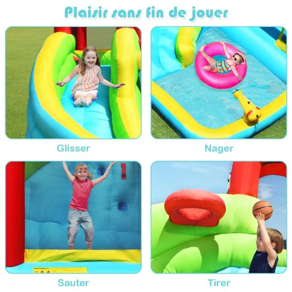 Château Gonflable Aquatique 6 en 1 avec Toboggan Incurvé Maison de Rebond avec Mur d'Escalade Panier de Basketball Charge 135kg pour 3-10 Ans (sans Souffleur)