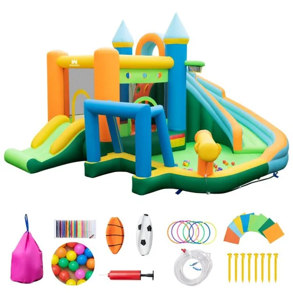Château Gonflable Aquatique avec Toboggan&Zone de Saut Aire de Jeux avec Mur d'Escalade&50 Boules Océaniques Charge 90kg pour 3-10 Ans