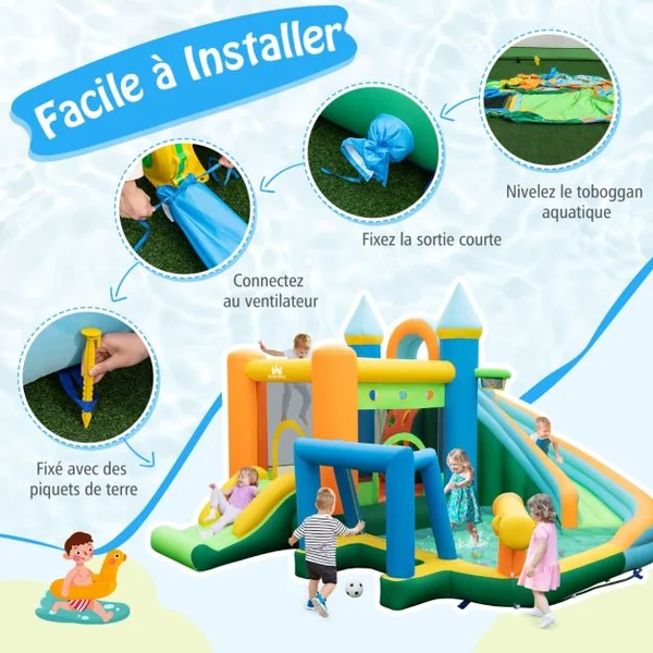 Château Gonflable Aquatique avec Toboggan&Zone de Saut Aire de Jeux avec Mur d'Escalade&50 Boules Océaniques Charge 90kg pour 3-10 Ans