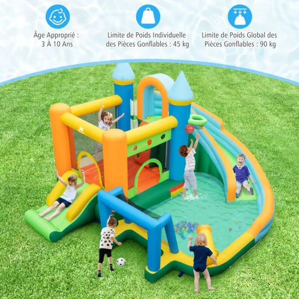 Château Gonflable Aquatique avec Toboggan&Zone de Saut Aire de Jeux avec Mur d'Escalade&50 Boules Océaniques Charge 90kg pour 3-10 Ans
