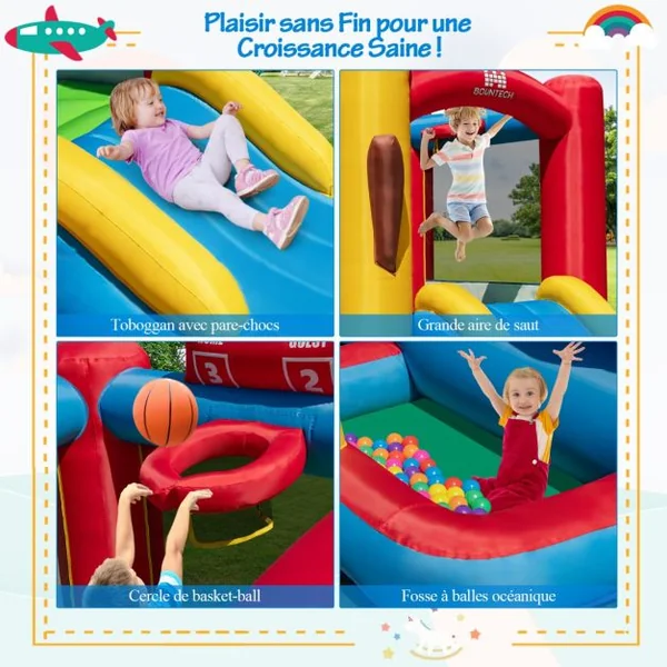 Château Gonflable avec Gonfleur 735 W Toboggan Zone de Saut et Kit de Réparation Piscine à Balles pour Enfants 3-10 Ans