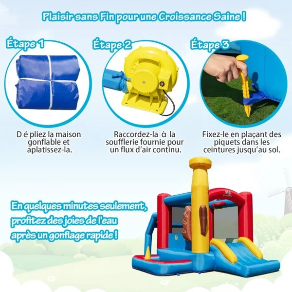 Château Gonflable avec Gonfleur 735 W Toboggan Zone de Saut et Kit de Réparation Piscine à Balles pour Enfants 3-10 Ans
