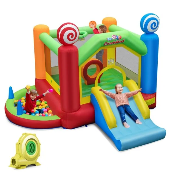 Château Gonflable avec Souffleur 680W Toboggan 50 Balles Océanique Fosse à Balles Panier de Basket Décorations de Sucette