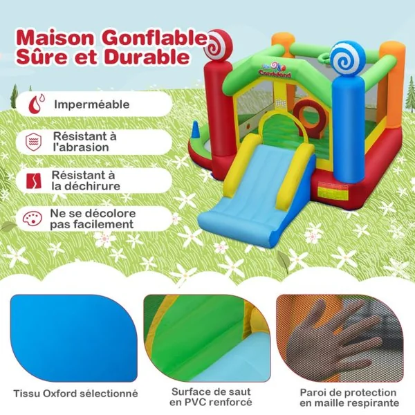 Château Gonflable avec Souffleur 680W Toboggan 50 Balles Océanique Fosse à Balles Panier de Basket Décorations de Sucette