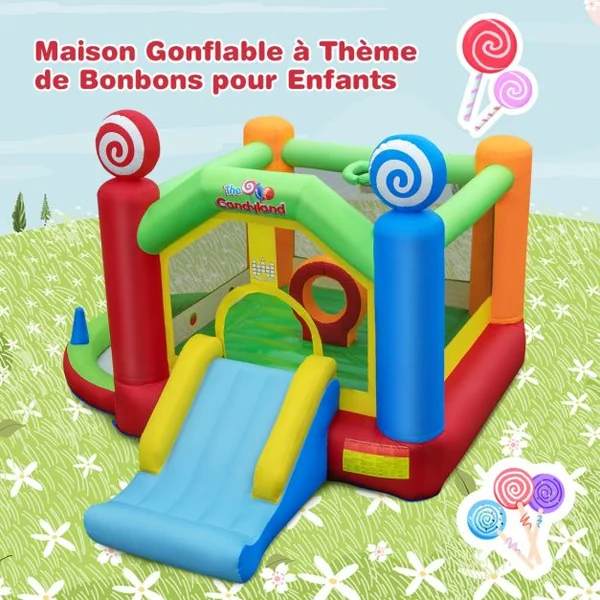 Château Gonflable avec Souffleur 680W Toboggan 50 Balles Océanique Fosse à Balles Panier de Basket Décorations de Sucette