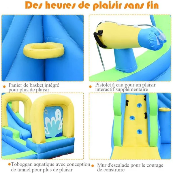 Château Gonflable avec Toboggan Aquatique Pistolet de l'eau Fait en Polyester-Convient pour 4 Enfants de 4 à 12 Ans-Charge Max 120 kg