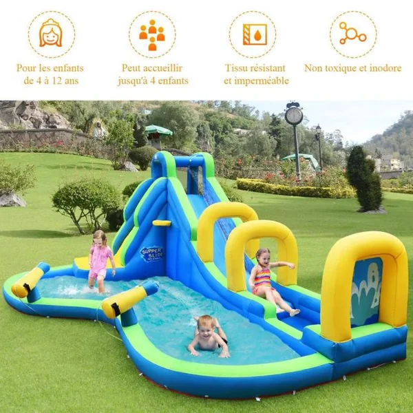 Château Gonflable avec Toboggan Aquatique Pistolet de l'eau Fait en Polyester-Convient pour 4 Enfants de 4 à 12 Ans-Charge Max 120 kg