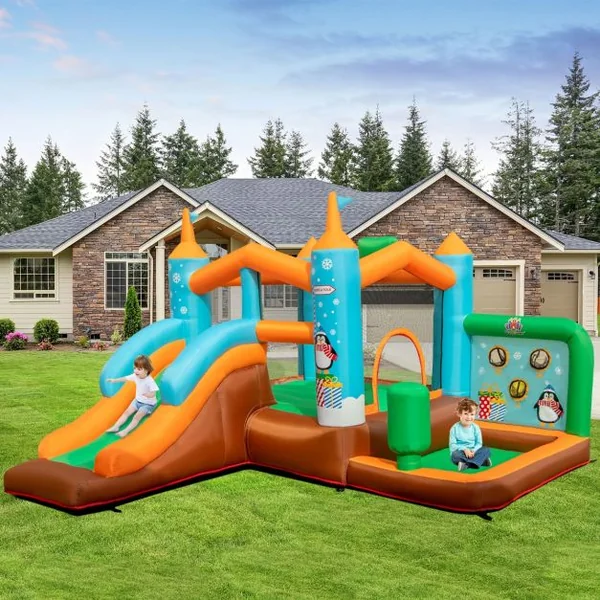 Château Gonflable avec Toboggan pour Enfants 3-12 Ans Aire de Jeux Panier de Basket-Ball pour Cour Pelouse Charge 90KG