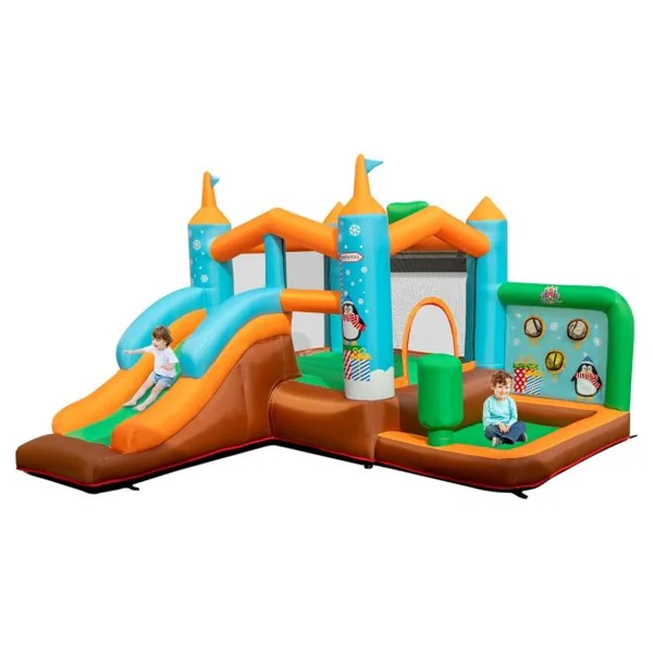 Château Gonflable avec Toboggan pour Enfants 3-12 Ans Aire de Jeux Panier de Basket-Ball pour Cour Pelouse Charge 90KG