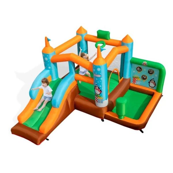 Château Gonflable avec Toboggan pour Enfants 3-12 Ans Aire de Jeux Panier de Basket-Ball pour Cour Pelouse Charge 90KG