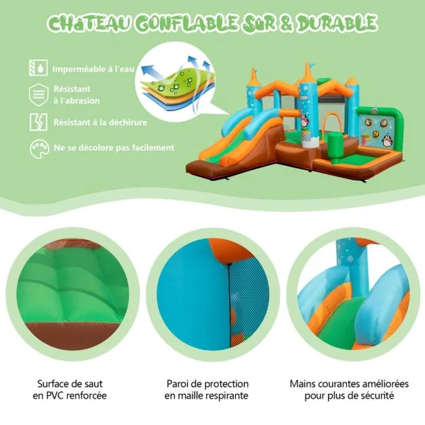 Château Gonflable avec Toboggan pour Enfants 3-12 Ans Aire de Jeux Panier de Basket-Ball pour Cour Pelouse Charge 90KG